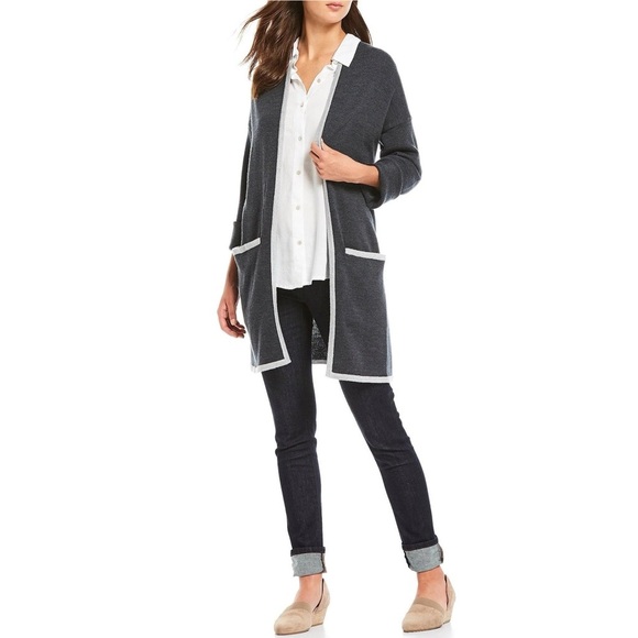 Eileen Fisher Merino Wool Open Front Cardigan Gray Contrast Trim Sustainable - Picture 1 of 13